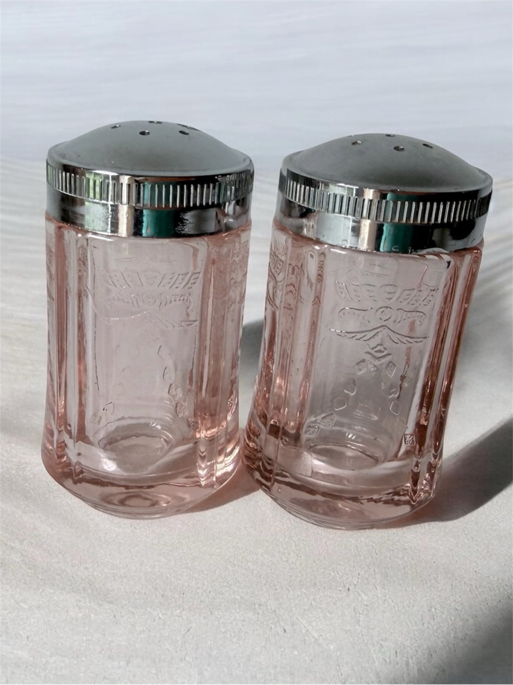 Vintage Pink Glass Madrid style Salt and Pepper Shakers with Silver Tops